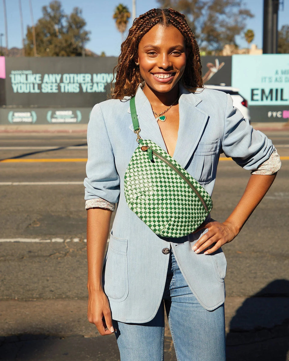 Clare V Grande Fanny Leather Crossbody Bag- Fern Mist Woven