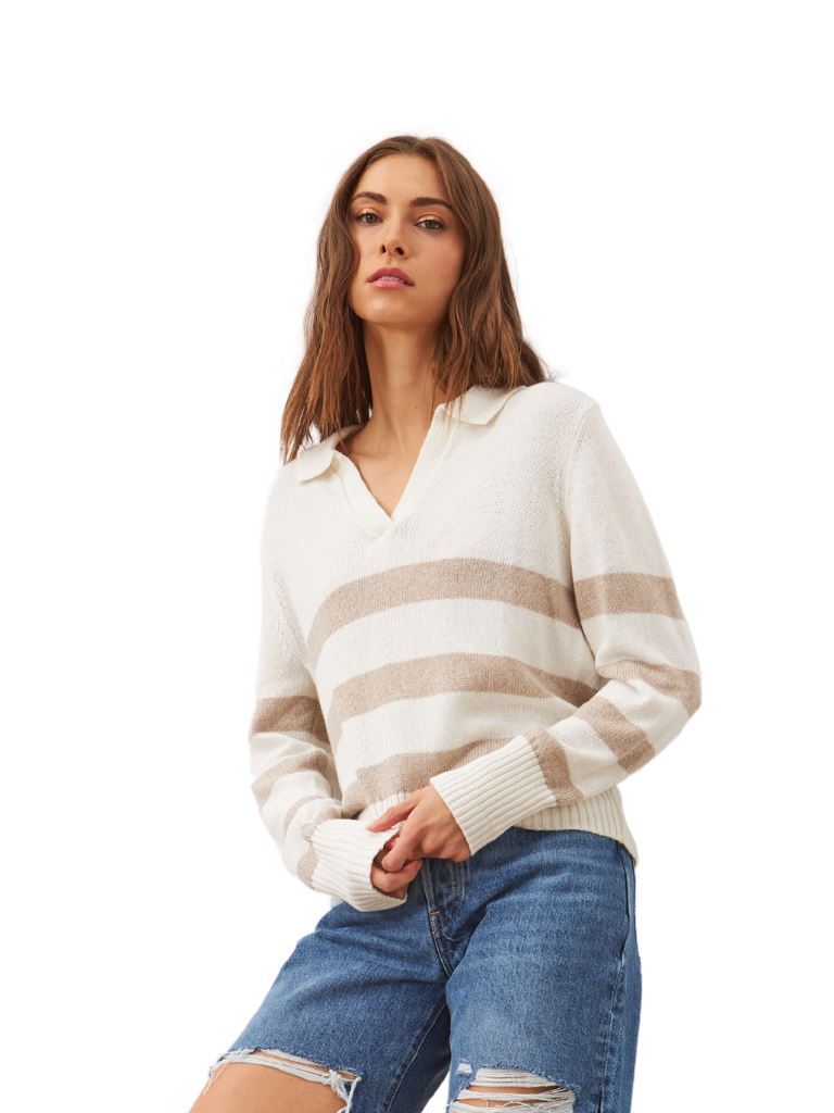 Line Ayden Polo Collar Striped Sweater- Iced Mocha - Styleartist