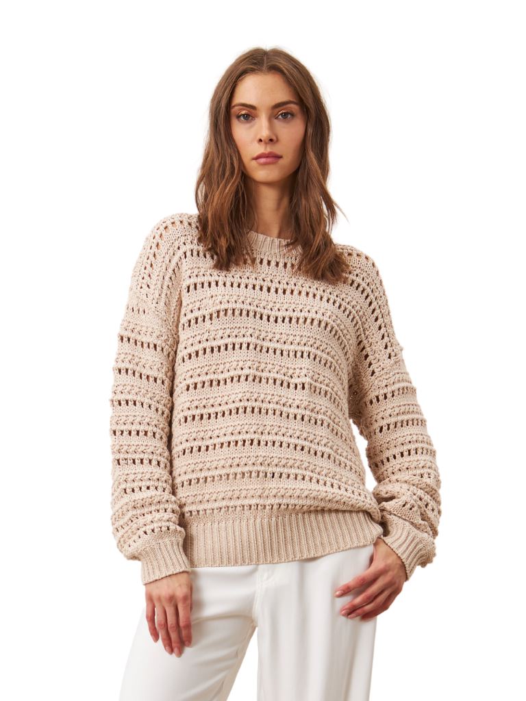 Line Fern Crew Neck Cotton Sweater- Ecru Playa - Styleartist