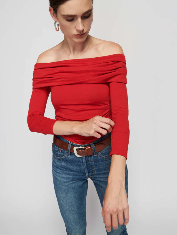 Nation Abana Draped Off-The-Shoulder Long Sleeve Top- Heartbeat Red - Styleartist