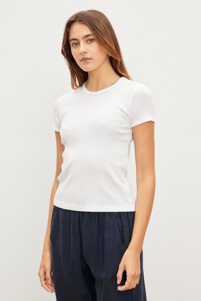 Velvet Brenny Cotton Slub Round Neck T-Shirt- White - Styleartist