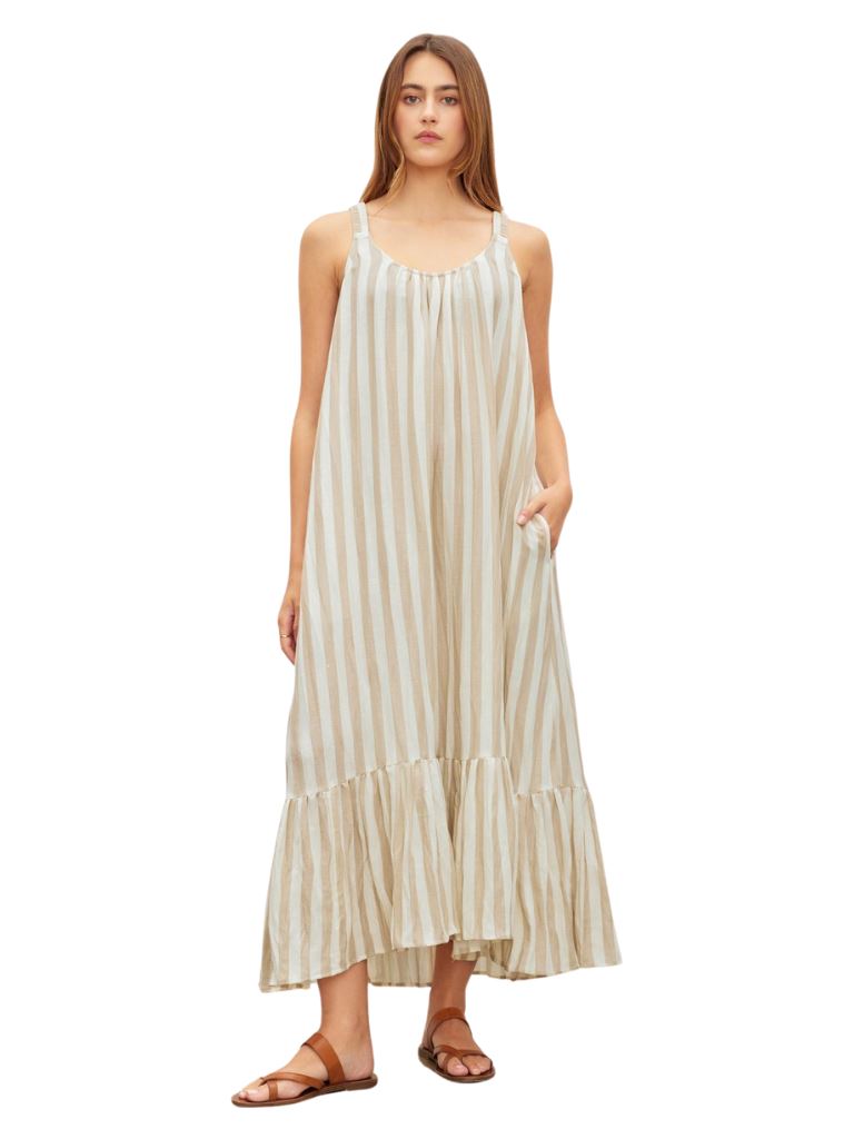 Velvet Meradith Stripe Linen Sleeveless Dress- Khaki - Styleartist