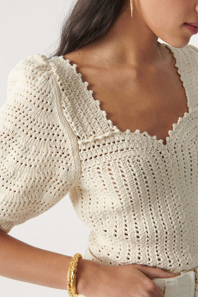 Ba&sh Kamil Short-Sleeve Crochet Sweater - Ecru - Styleartist