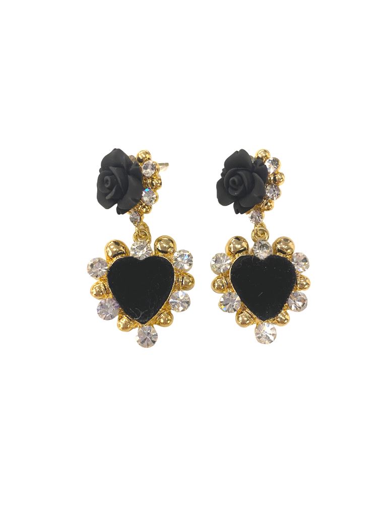 Crystal Heart Drop Earrings- Black - Styleartist
