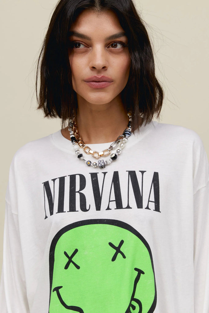 Nirvana Smiley Long Sleeve Merch Tee- Vintage White - Styleartist