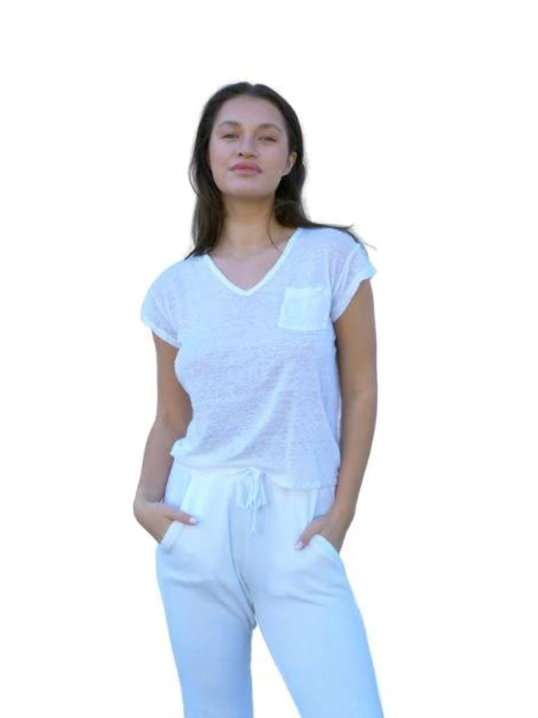 STARKx Linen Knit V-Neck Pocket Tee-White - Styleartist