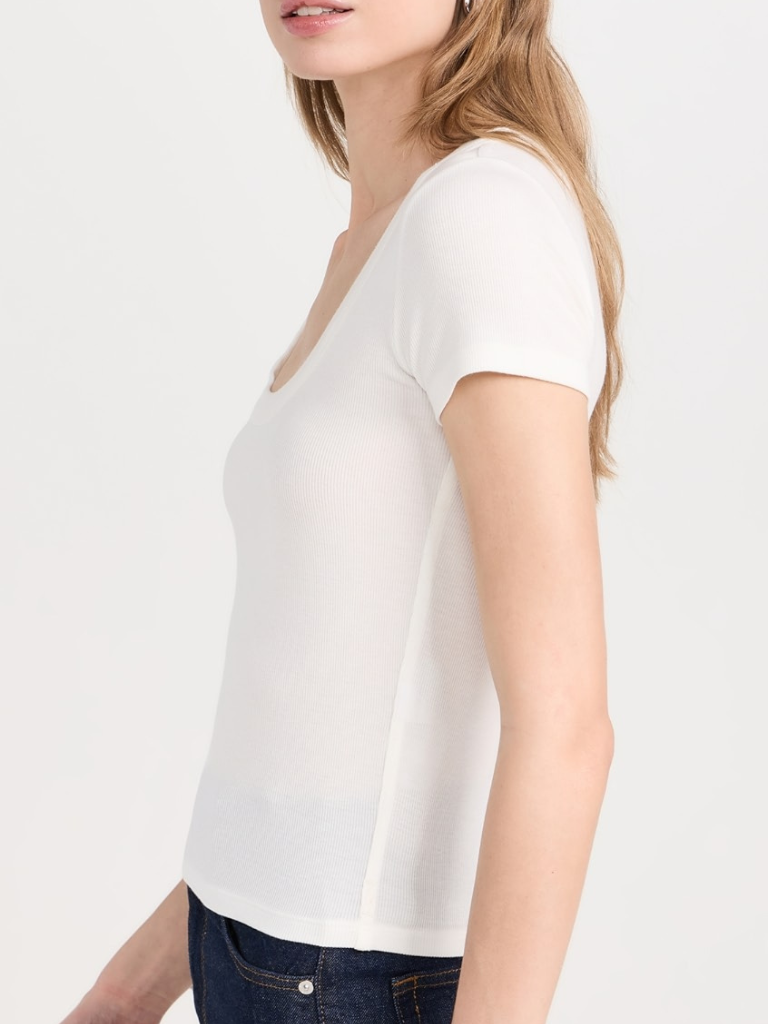 Frame Rib Scoop Neck Baby Tee- White - Styleartist