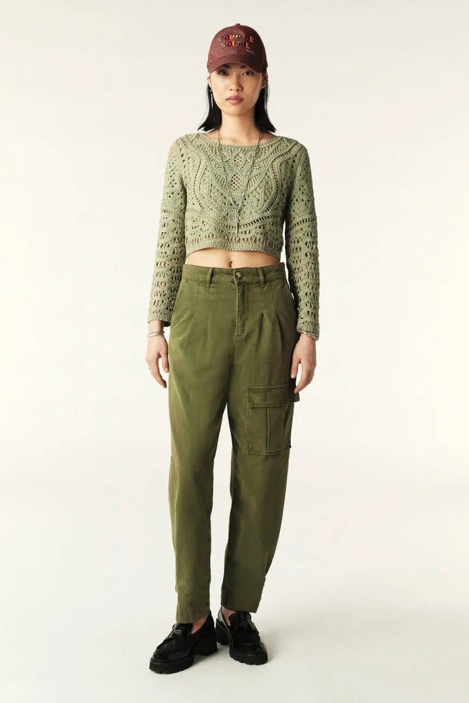 Ba&sh Marc Long Sleeve Cropped Crochet Cardigan- Khaki Green - Styleartist