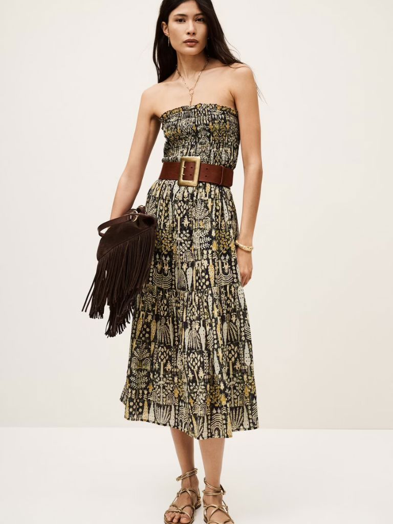 Ba&sh Piala Printed Strapless Dress- Kaki - Styleartist