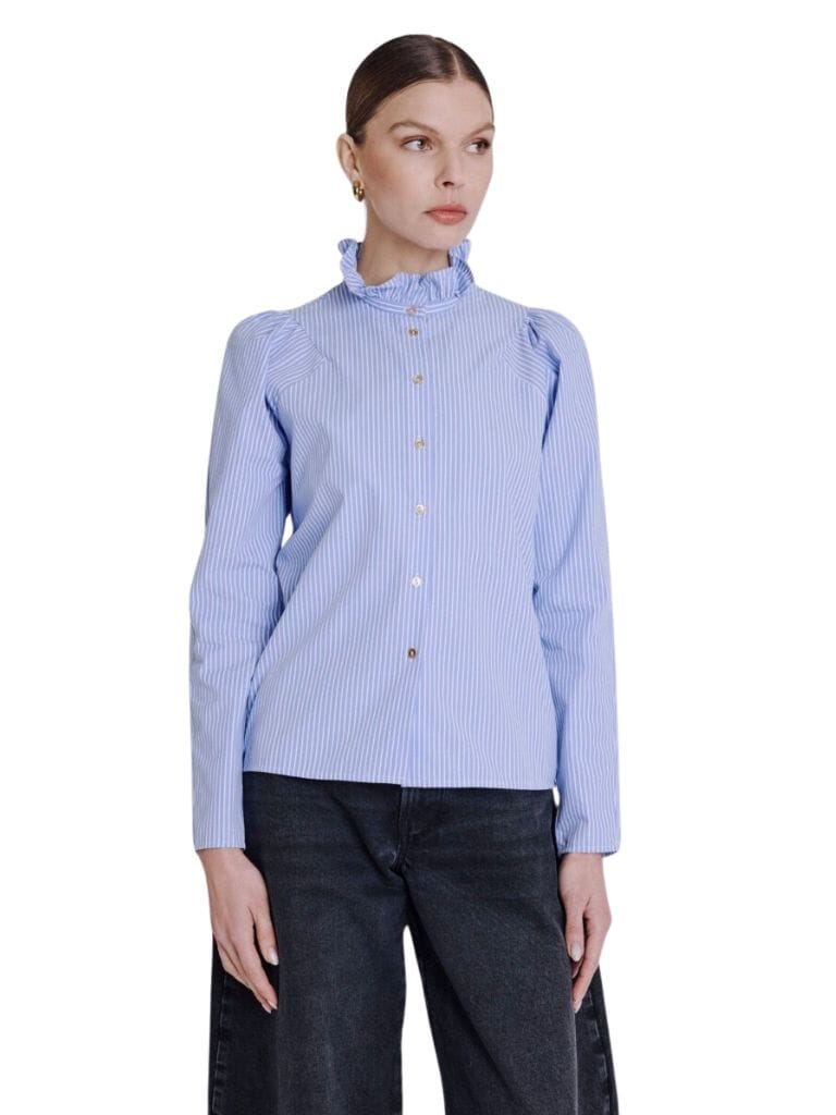 Berenice Clauthide Striped Shirt with Gathered Collar - Baby Blue - Styleartist