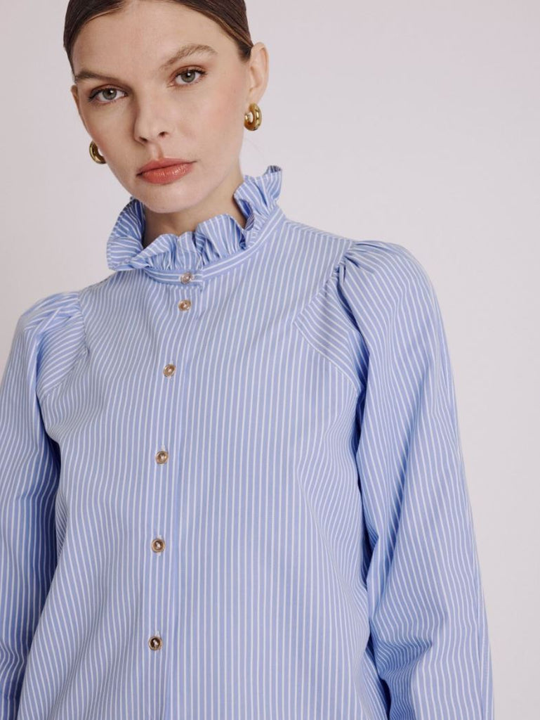 Berenice Clauthide Striped Shirt with Gathered Collar - Baby Blue - Styleartist