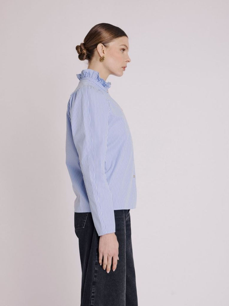 Berenice Clauthide Striped Shirt with Gathered Collar - Baby Blue - Styleartist