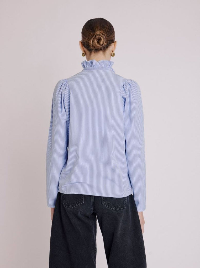 Berenice Clauthide Striped Shirt with Gathered Collar - Baby Blue - Styleartist