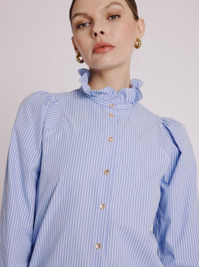 Berenice Clauthide Striped Shirt with Gathered Collar - Baby Blue - Styleartist