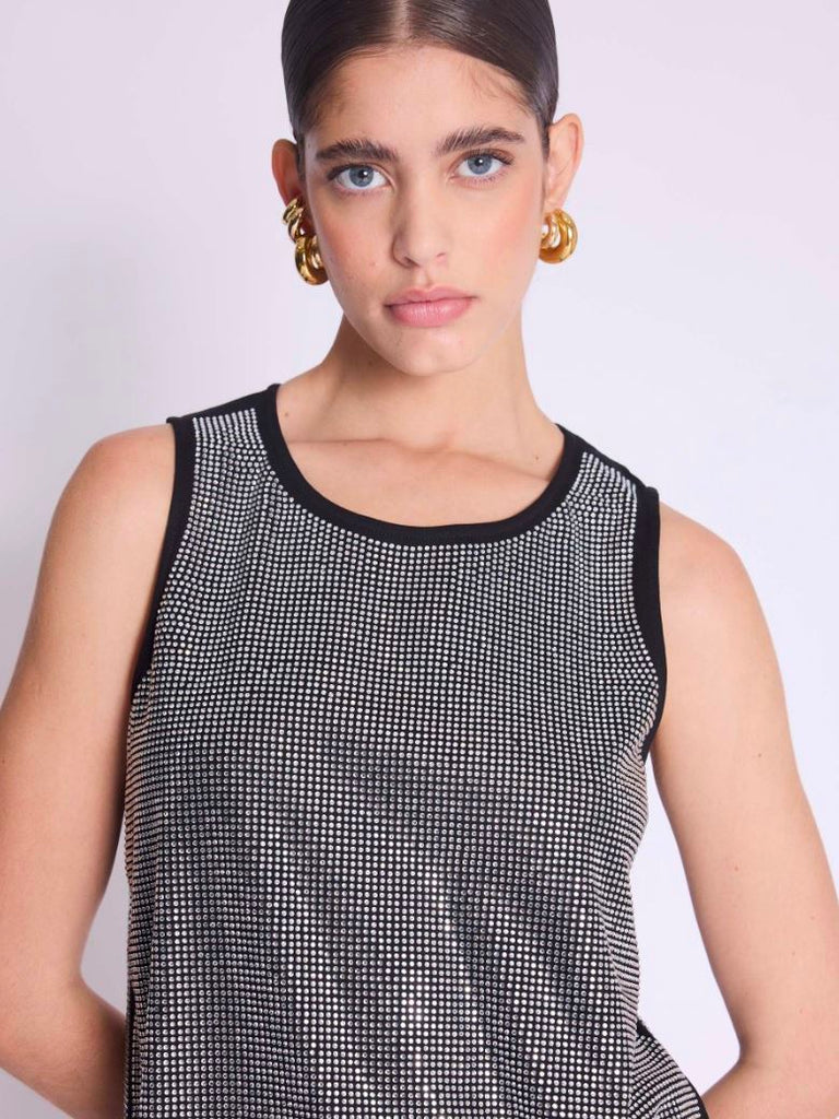 Berenice Erwan Rhinestone Round Neck Tank Top - Black & Silver - Styleartist