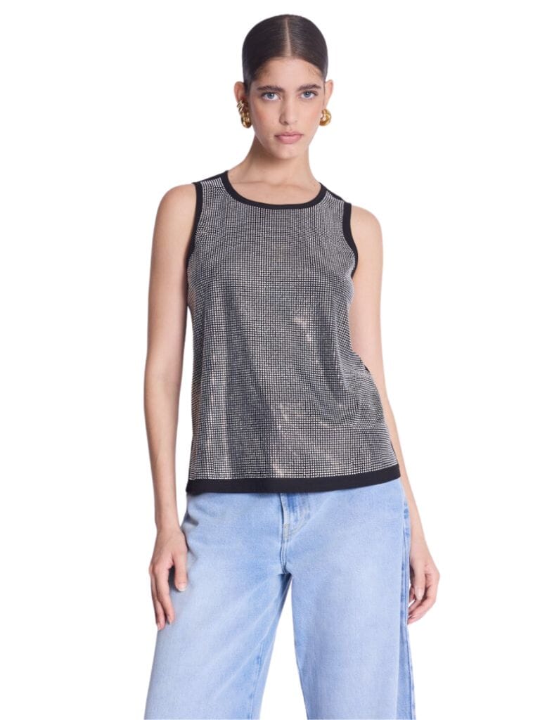 Berenice Erwan Rhinestone Round Neck Tank Top - Black & Silver - Styleartist