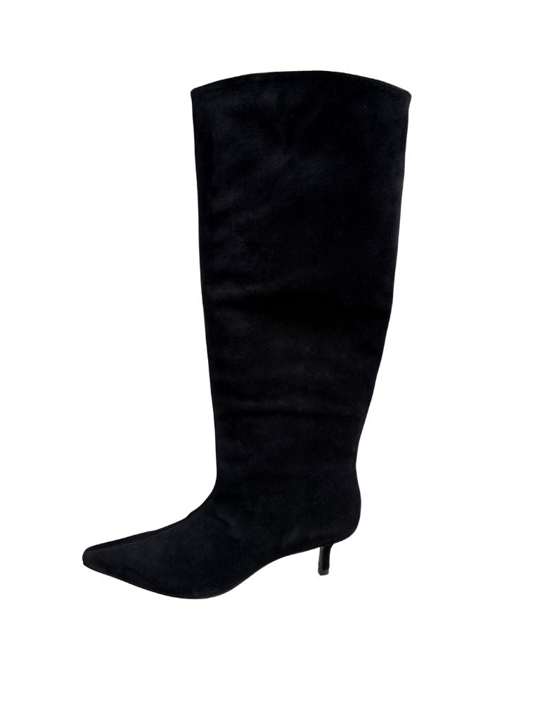 Black Suede Studio Sutton Kitten Heel Tall Boot- Black Suede - Styleartist