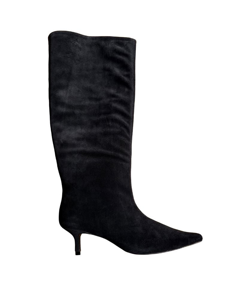 Black Suede Studio Sutton Kitten Heel Tall Boot- Black Suede