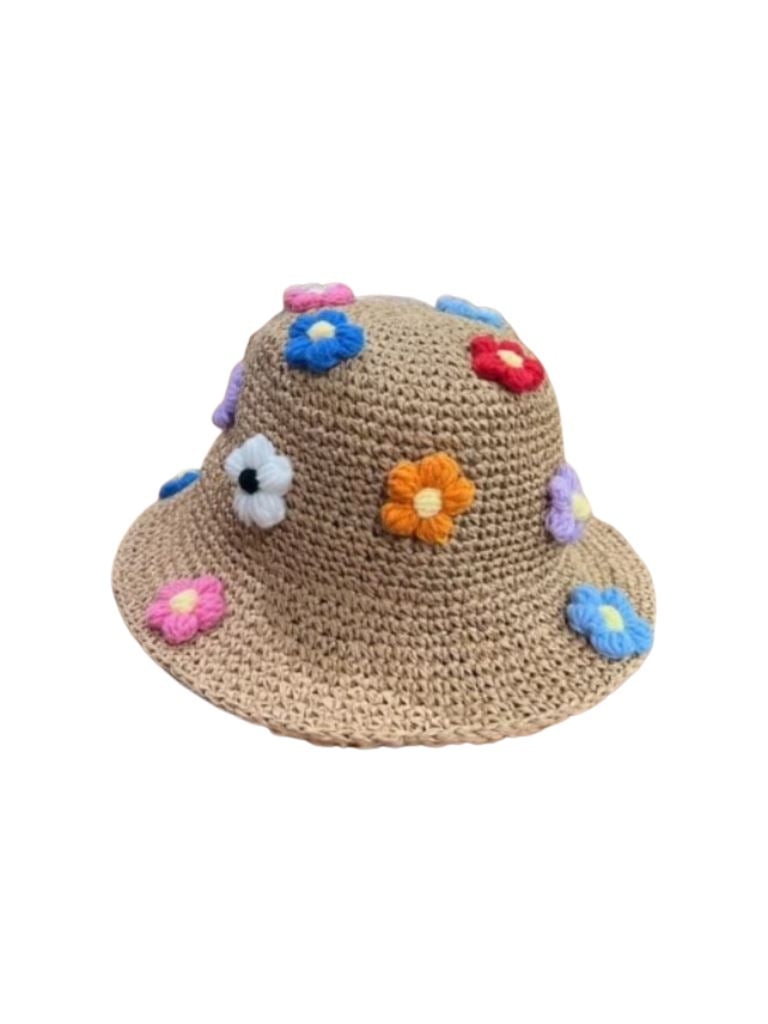 Bucket Hat With Crochet Flowers- Natural