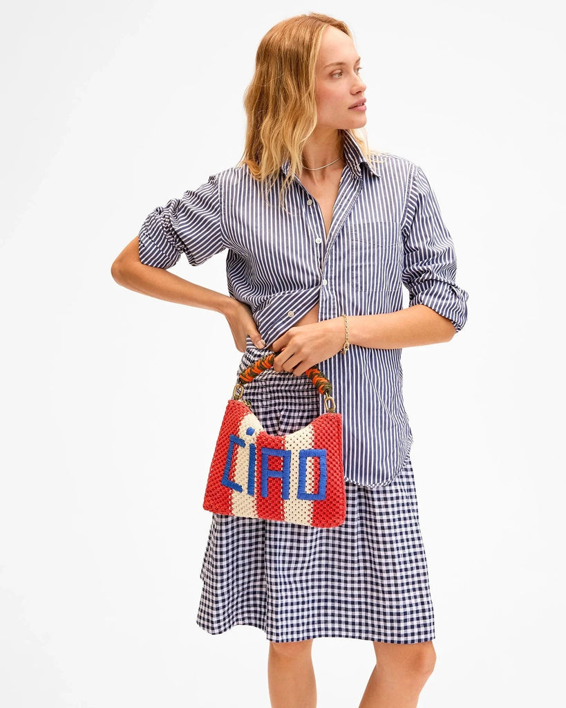 Clare V Flat Clutch Bag- Cream & Bright Poppy Crochet Stripe w/ Ciao - Styleartist