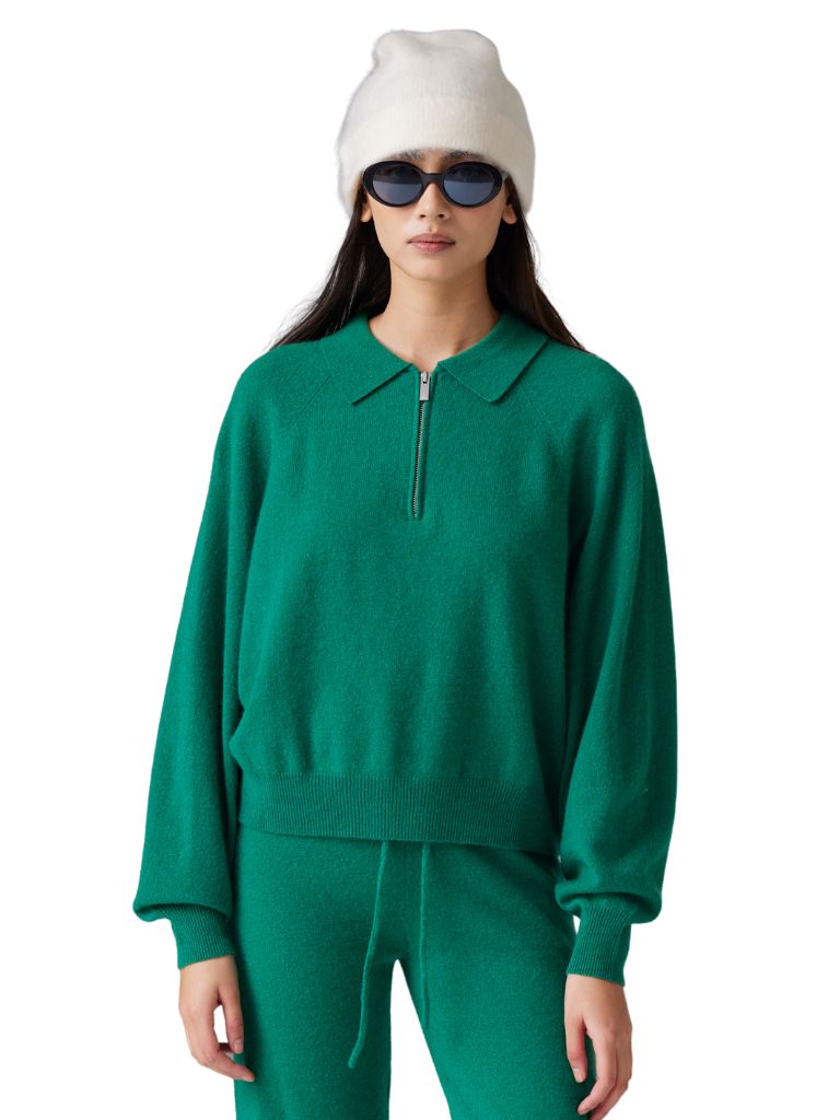 Colorush Cabana Zip Polo Cashmere Sweater- Pea Green – Styleartist