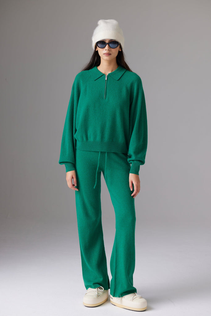 Colorush Cabana Zip Polo Cashmere Sweater- Pea Green - Styleartist