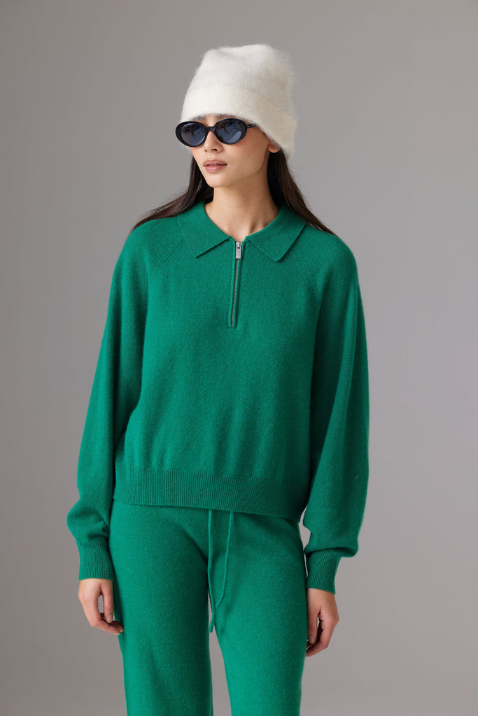 Colorush Cabana Zip Polo Cashmere Sweater- Pea Green - Styleartist