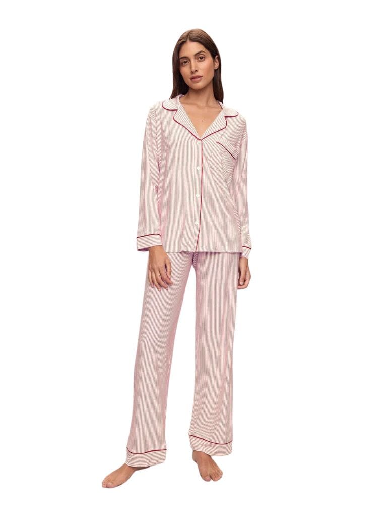 Eberjey Gisele Printed Long PJ Set - Duo Stripe Haute Red / Haute Red - Styleartist