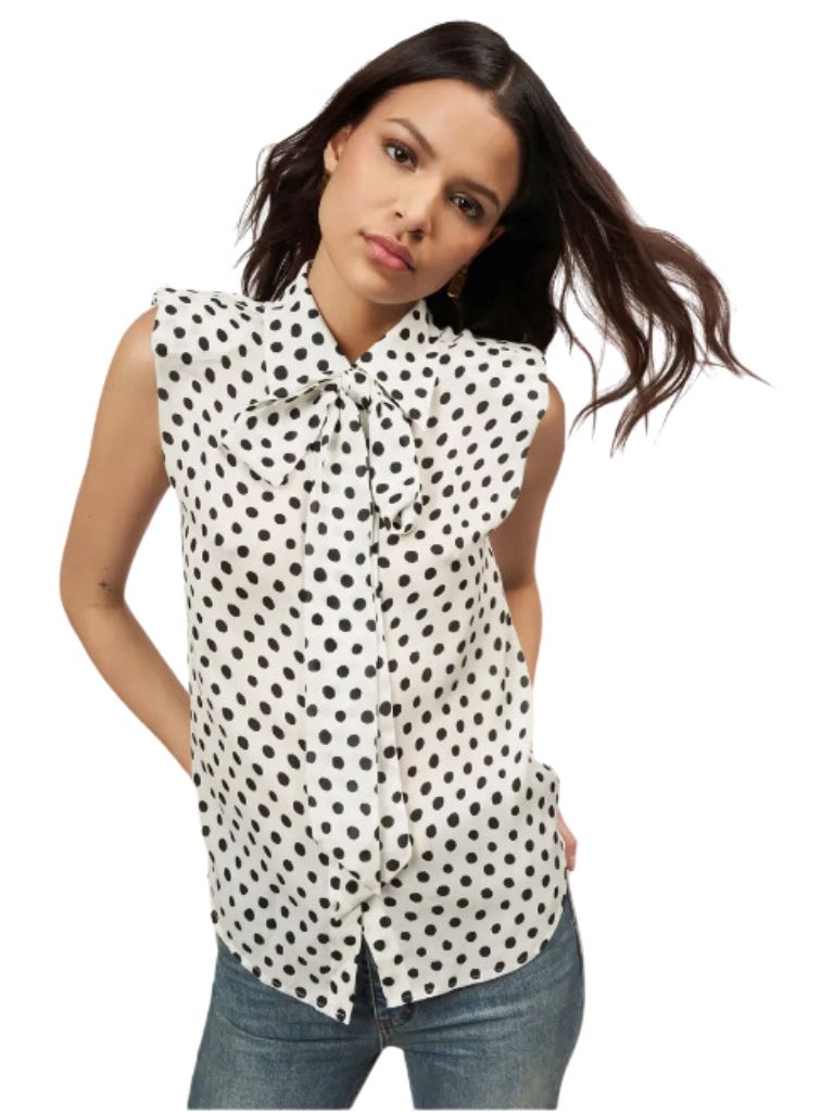 Equipment Leylani Polka Dot Tie-Neck Sleeveless Button-up Blouse Nature White and True Black