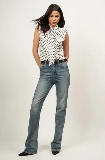 Equipment Leylani Polka Dot Tie-Neck Sleeveless Button-up Blouse - Nature White and True Black - Styleartist