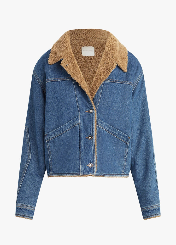 Favorite Daughter The Bridget Crop Denim and Shearling Jacket- Concord Blue - Styleartist