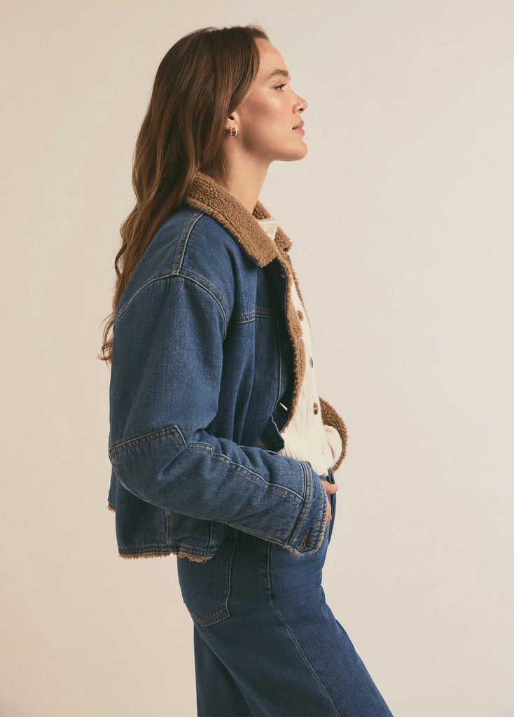 Favorite Daughter The Bridget Crop Denim and Shearling Jacket- Concord Blue - Styleartist