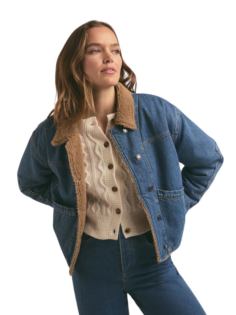 Favorite Daughter The Bridget Crop Denim and Shearling Jacket- Concord Blue - Styleartist