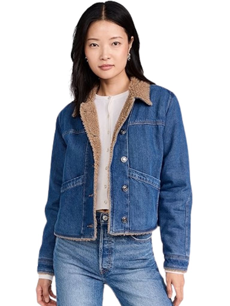 Favorite Daughter The Bridget Crop Denim and Shearling Jacket- Concord Blue - Styleartist