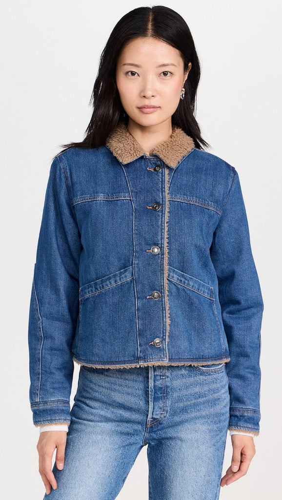 Favorite Daughter The Bridget Crop Denim and Shearling Jacket- Concord Blue - Styleartist