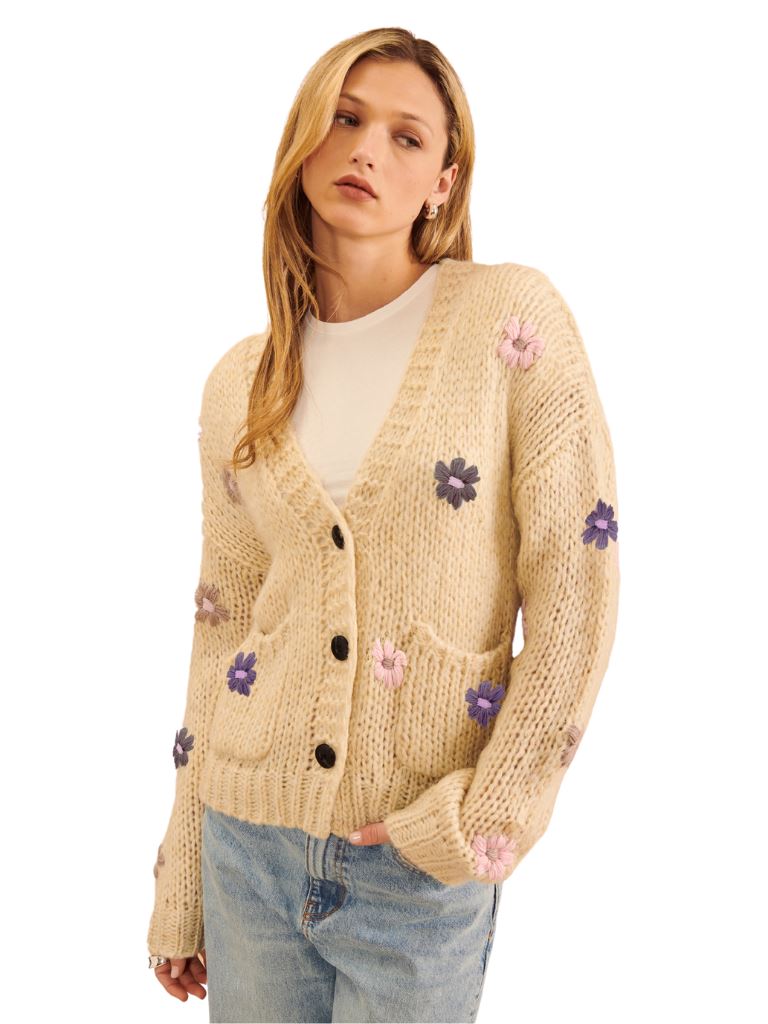 John + Jenn Franco Flower Embroidery Cardigan- Sugar Plum - Styleartist