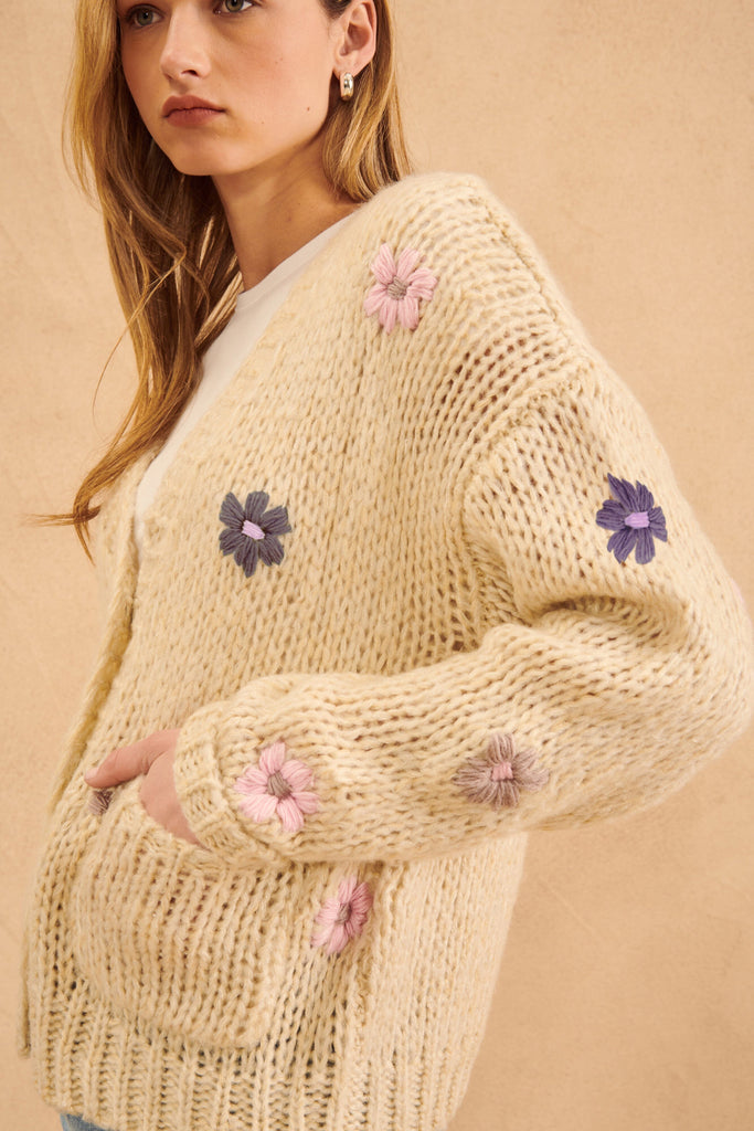 John + Jenn Franco Flower Embroidery Cardigan- Sugar Plum - Styleartist