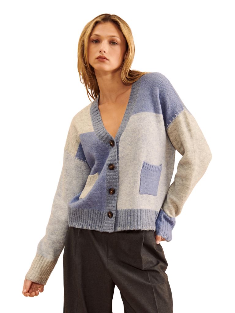 John + Jenn Oakley Vintage Patchwork Cardigan- Blue with Grey - Styleartist