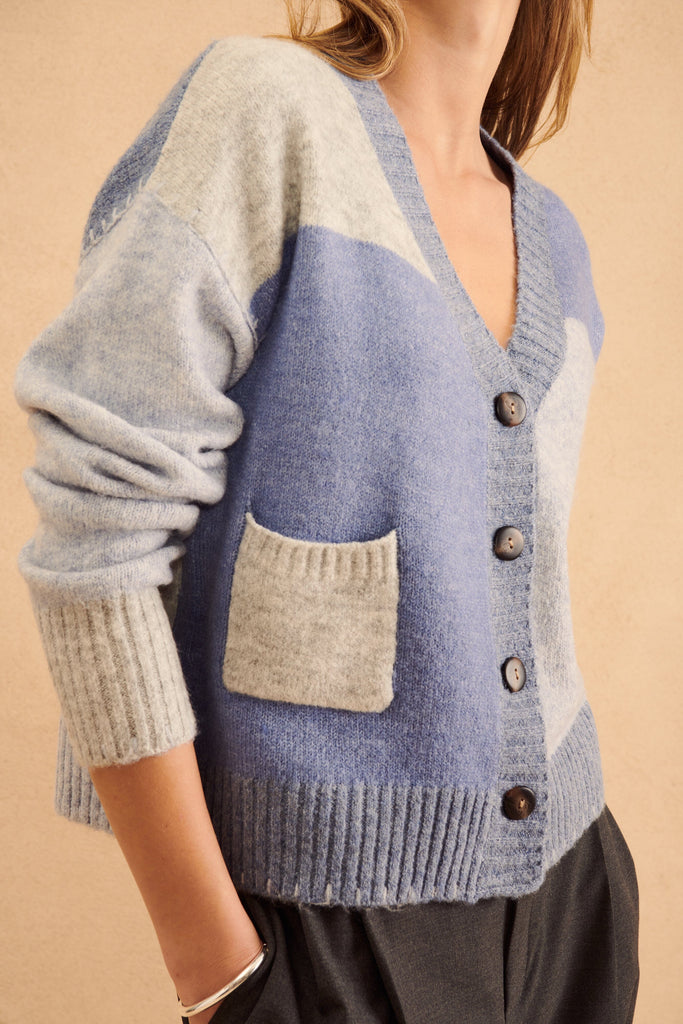 John + Jenn Oakley Vintage Patchwork Cardigan- Blue with Grey - Styleartist