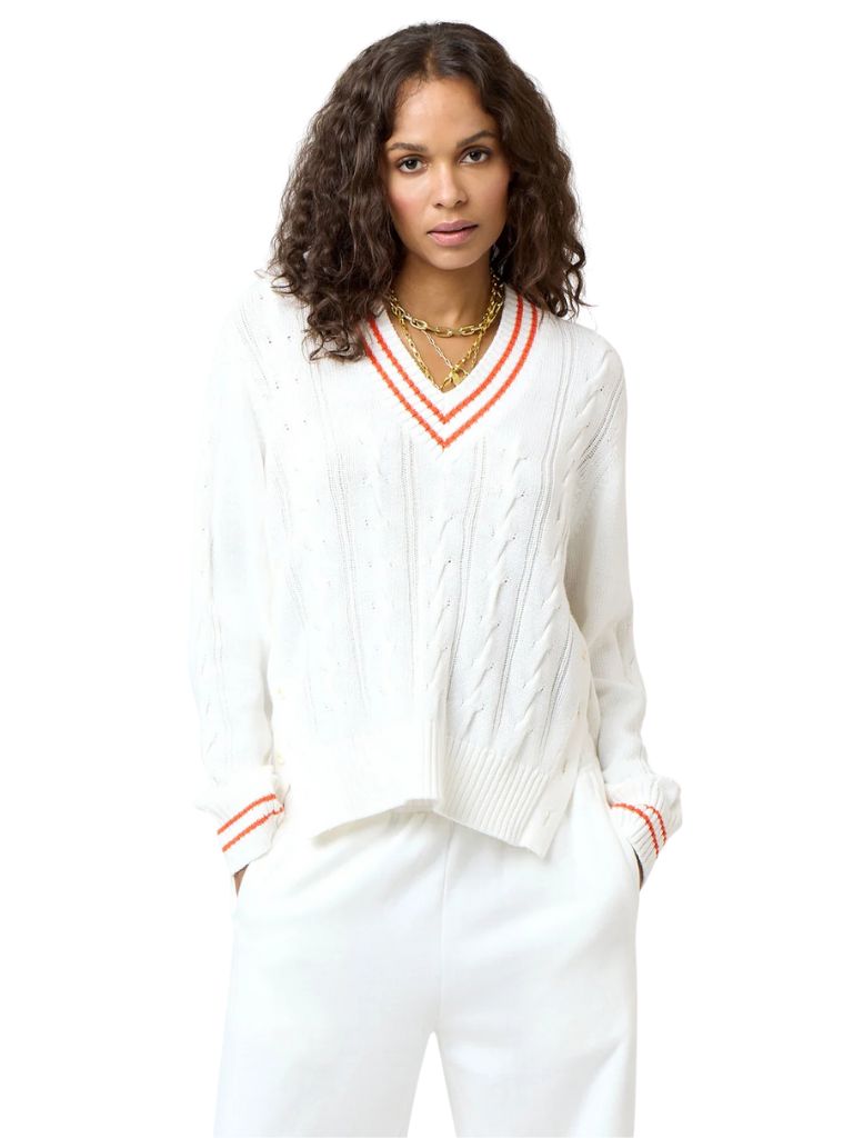 Kerri Rosenthal Patvee V-Neck Cotton Cable Knit Sweater- White - Styleartist