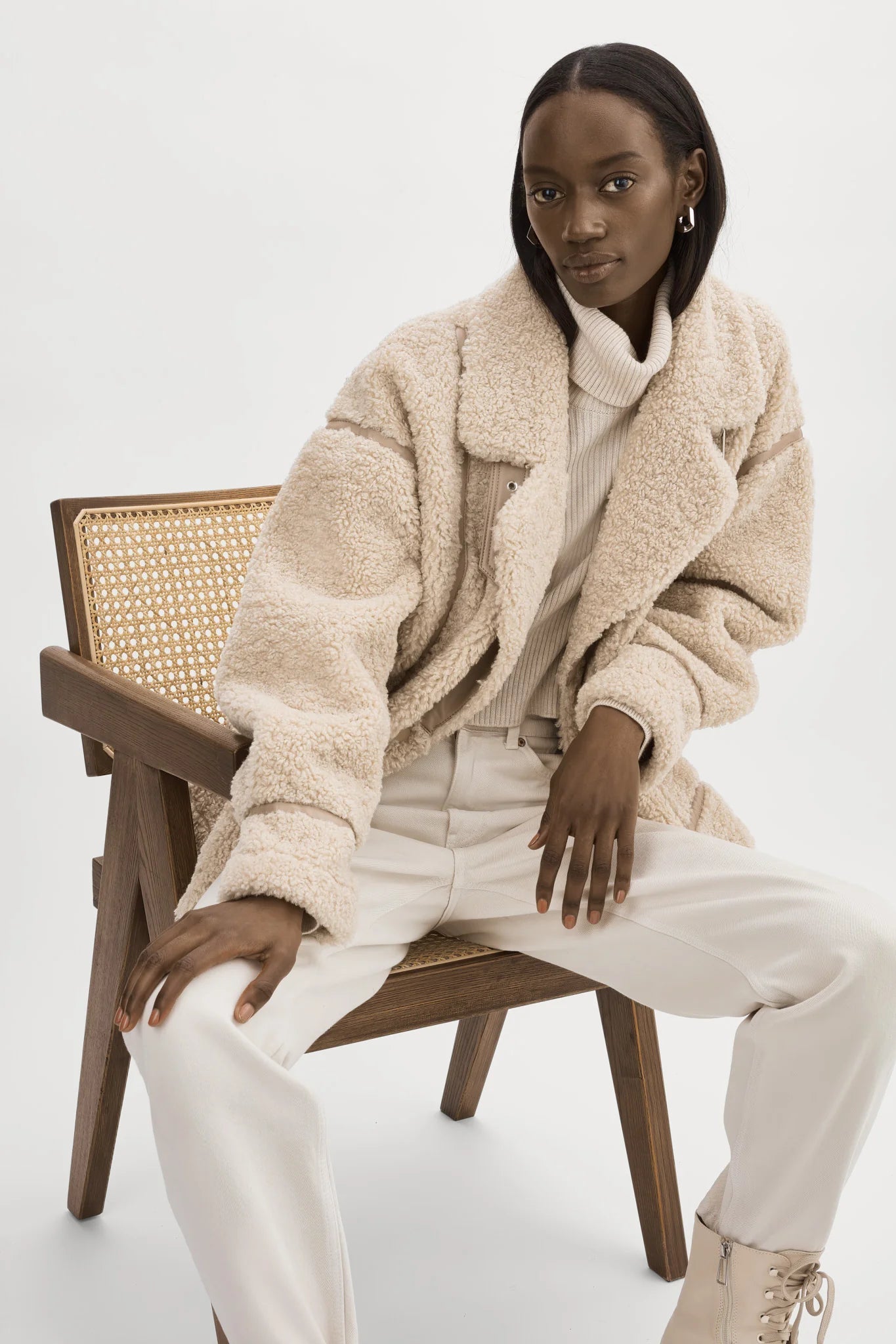 Lamarque Badu Oversized Faux Fur Shearling Jacket Beige