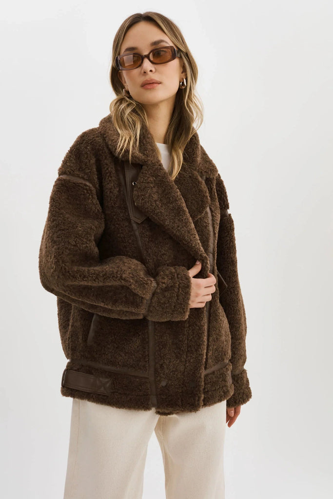Lamarque Badu Oversized Faux Shearling Jacket- Brown - Styleartist