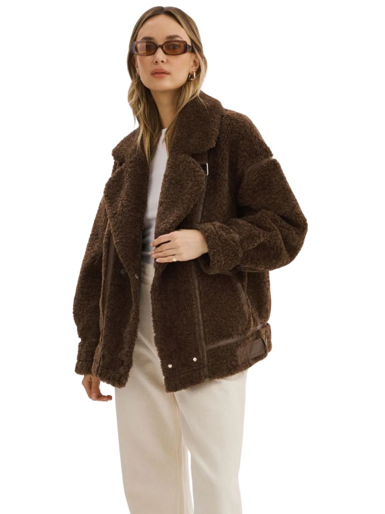 Lamarque Badu Oversized Faux Shearling Jacket- Brown - Styleartist
