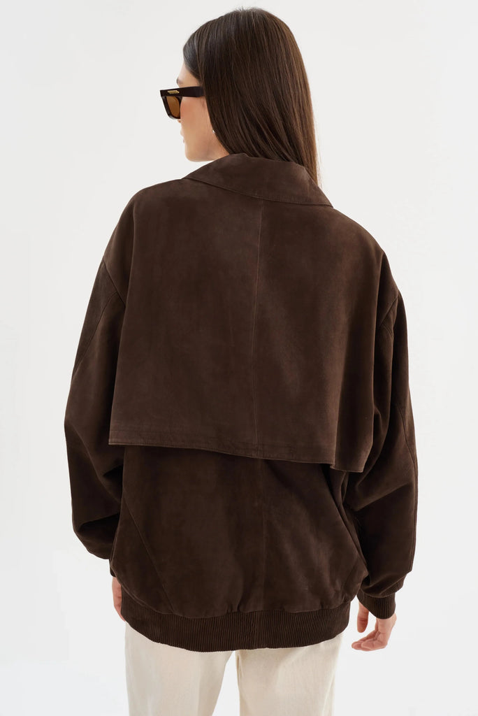 Lamarque Caden Oversized Suede Bomber Jacket- Chocolate Brown - Styleartist