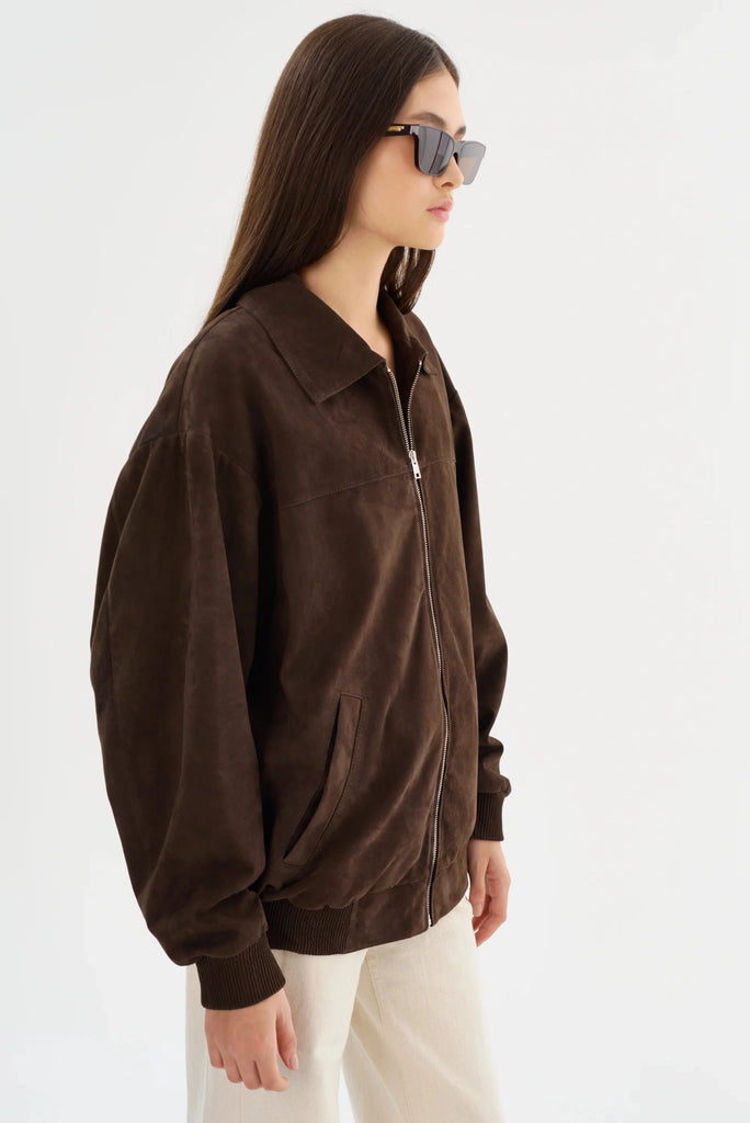 Lamarque Caden Oversized Suede Bomber Jacket- Chocolate Brown - Styleartist