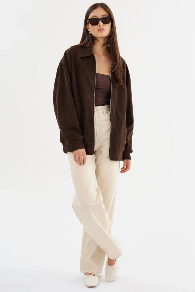 Lamarque Caden Oversized Suede Bomber Jacket- Chocolate Brown - Styleartist