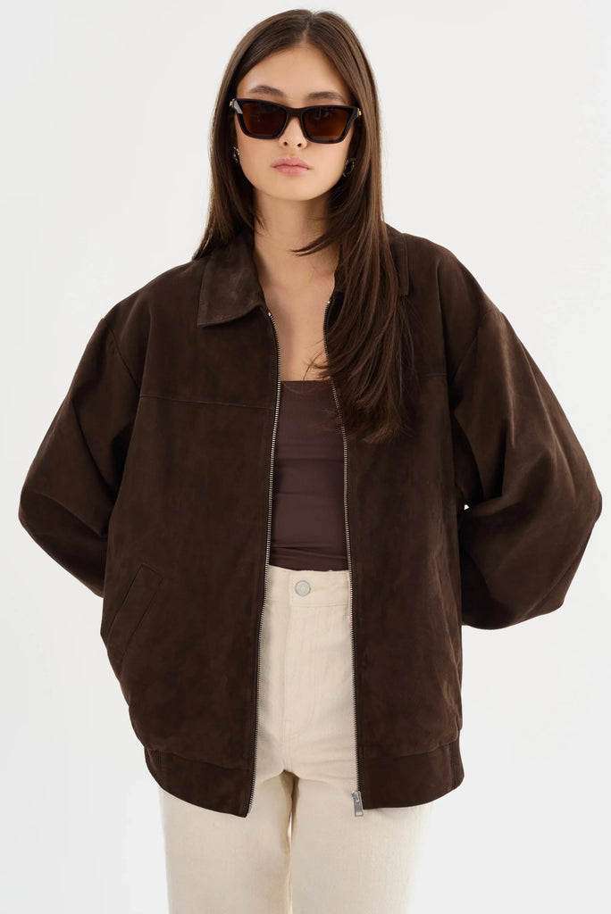 Lamarque Caden Oversized Suede Bomber Jacket- Chocolate Brown - Styleartist