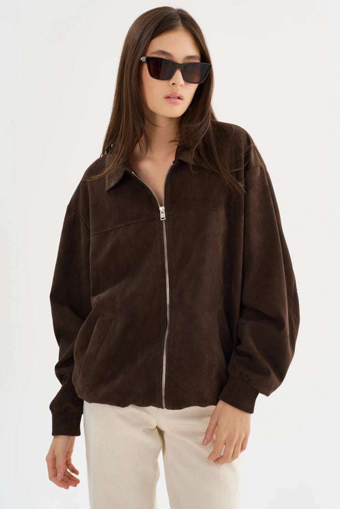 Lamarque Caden Oversized Suede Bomber Jacket- Chocolate Brown - Styleartist