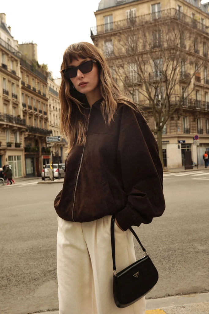 Lamarque Caden Oversized Suede Bomber Jacket- Chocolate Brown - Styleartist