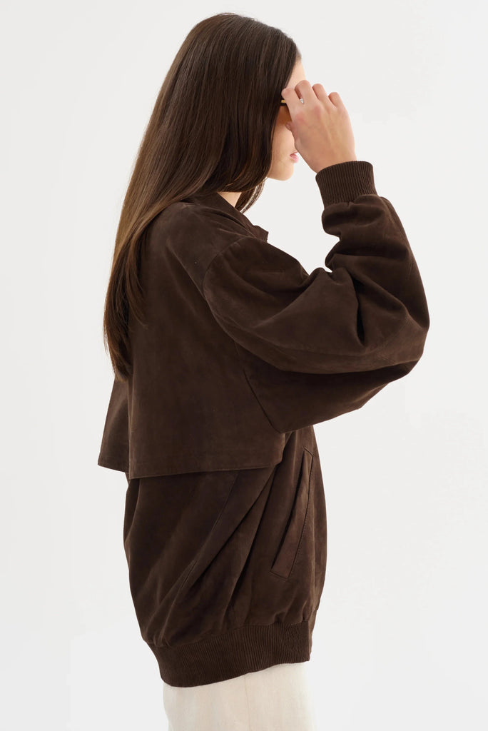 Lamarque Caden Oversized Suede Bomber Jacket- Chocolate Brown - Styleartist